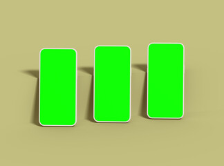 Three white Unbranded Smartphones with green screens that can be easily changed. Design for UI/UX Product Showcase. 3D Render