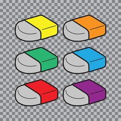 Set of erasers of different colors for erasing pencil on transparent background. Vector illustration