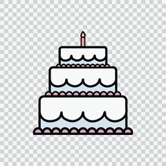 Birthday cake with candle. Three tiered birthday cake isolated on transparent background. Vector