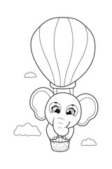 Coloring page. Cartoon elephant flying in a hot air balloon in the sky