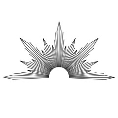 Hand drawn mystical Sun in line art. Sunburst, light rays, spiritual symbol celestial space. Magic talisman, antique style, boho, tattoo, emblem, logo. Vector illustration isolated on white background
