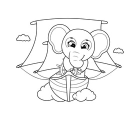 Coloring page. Cheerful elephant on a sailboat floats in the clouds