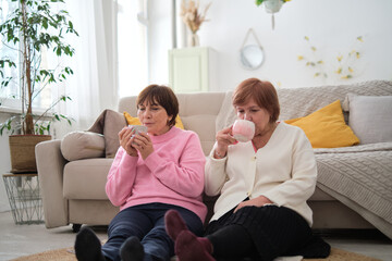 Cherishing the moments: Two content elderly women indulging in warm tea and engaging discussions in...
