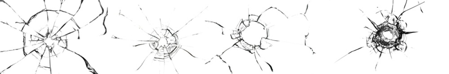 Big collection of cracks of broken glass on black background. Concept of shots on the window for design
