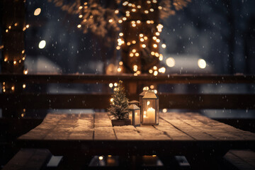 Empty Wooden Table Top with Snow-Covered Christmas Tree Background