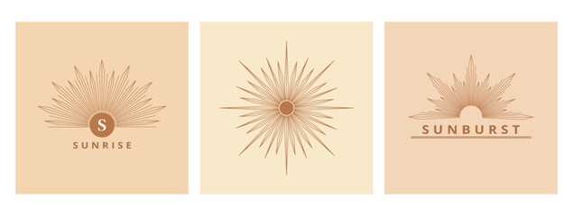 Hand drawn logo of Sun, sunburst, light rays in line art. Bohemian symbol bursting sun rays. Magic vintage talisman collection, antique style, boho, tattoo, emblem, logo. Vector set illustration.