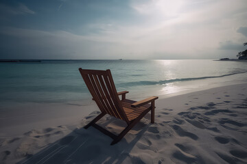 Fototapeta premium Chair on the Maldives beach near the sea, summer holiday and vacation concept for tourism, AI