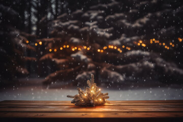 Naklejka premium Empty Wooden Table Top with Snow-Covered Christmas Tree Background