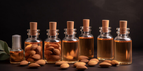 A neat line of glass bottles filled with golden almond oil and raw almonds in the foreground, presenting a sense of abundance and natural health.