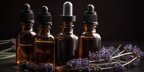 Dark glass bottles with droppers, filled with lavender essential oil, set against a backdrop of lavender sprigs, perfect for aromatherapy and relaxation.