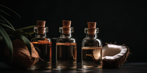 Obraz na płótnie Canvas Glass bottles containing coconut oil presented against a dark background with a coconut shell, highlighting the natural ingredients in a luxurious setting.