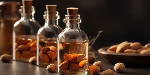 Bottles filled with golden almond oil illuminated by warm light, with whole almonds nearby, showcasing the richness of nature&rsquo;s bounty.