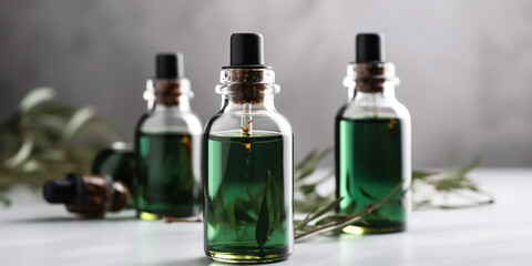 Obraz na płótnie Canvas A bottle of tea tree oil serum. Transparent glass dropper bottles with green herbal extracts, accompanied by fresh plant leaves.