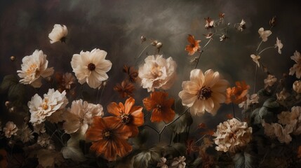 Generative AI, Close up of blooming flowerbeds of amazing apricot orange color flowers on dark moody floral textured background. Photorealistic effect..