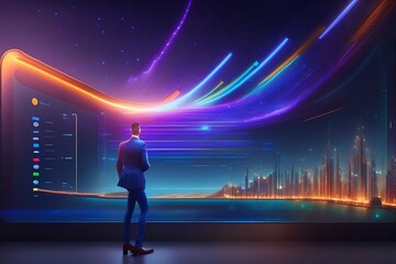 Fototapeta premium Cyber security and online data protection on internet. An analyst facing a large screen of cyber activity. Cybersecurity, privacy, network technology. Encrypted data vault