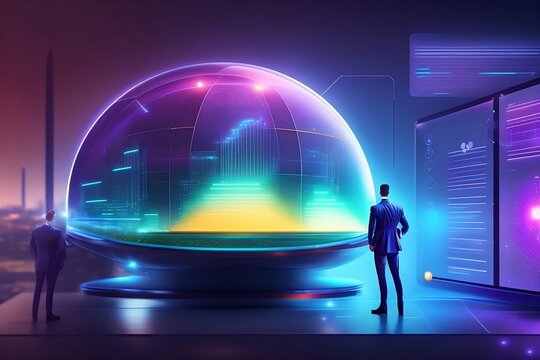 Cyber security and online data protection on internet. An analyst carrying out analysis in front of a large screen filled with graphs. Cybersecurity, privacy, network technology. Encrypted data vault