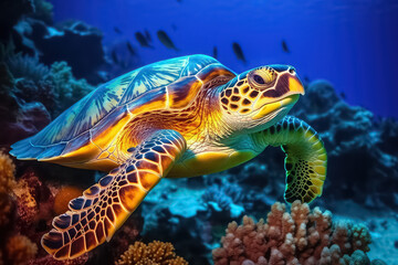 Obraz na płótnie Canvas Sea turtle swimming on Maldives. Turtle in the blue sea, looking directly into the camera. Details of head, mouth and eyes, AI