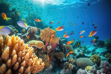 Fototapeta na wymiar underwater coral reef landscape background in the deep blue Maldives ocean, AI