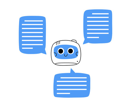 Hand drawn cute cartoon illustration of robot head with speech bubbles. Flat vector artificial intelligence generates text in doodle style. Ai chatbot answers questions sticker or concept. Isolated.