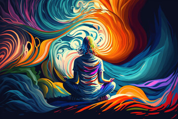Meditating Person Surrounded by Psychic Waves: Digital Painting. waves take different shapes colors to reflect different emotions and mental states during meditation. Ai