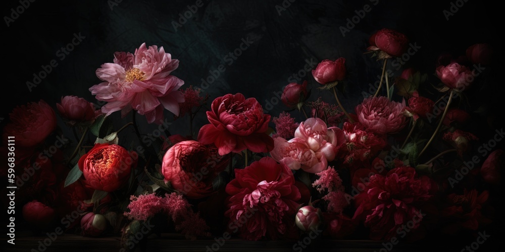 Wall mural generative ai, close up of blooming flowerbeds of amazing red color flowers on dark moody floral tex