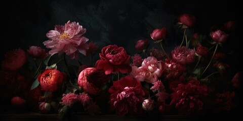 Generative AI, Close up of blooming flowerbeds of amazing red color flowers on dark moody floral textured background. Photorealistic effect..