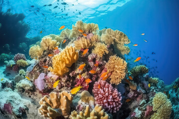 Obraz na płótnie Canvas underwater coral reef landscape background in the deep blue Maldives ocean, AI
