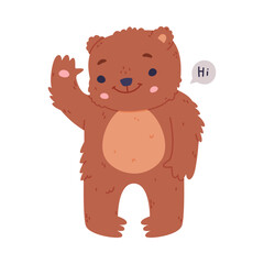 Cute baby bear waving its paw in greeting. Funny wild forest brown animal character cartoon vector illustration
