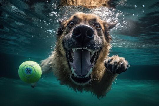 Playful Dog Diving Underwater in Pursuit of Tennis Ball