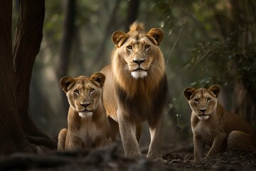 Fototapeta na wymiar illustration, majestic lion family, generative ai.