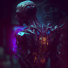 3d rendering of a female robot cyborg working in a dark space