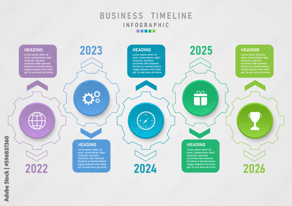Wall mural modern business 5 years timeline outline multi colored circle cogs with icons in the center arrows w