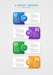 modern simple business infographic template vertical 4 project squares with multi colored circles icons in center letters on white background gray gradient