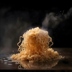 Instant noodle on black background with splashes of water and smoke