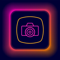 Glowing neon line Photo camera icon isolated on black background. Foto camera. Digital photography. Colorful outline concept. Vector