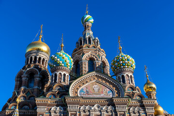 Fototapeta na wymiar Church of the Savior on Spilled Blood (also known as Tserkovʹ Spasa na Krovi) in a sunny day in Saint Petersburg city, Russia. Clear blue sky. Religious arhitecture. Travel in Russia theme.