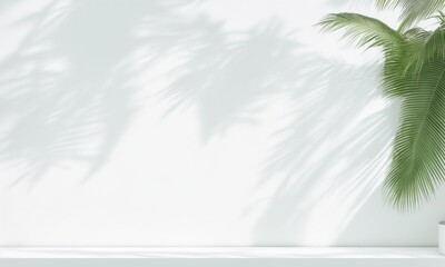 Fototapeta na wymiar Blank minimal white counter podium, soft beautiful dappled sunlight, tropical palm foliage leaf shadow on wall for luxury hygiene organic cosmetic, skincare, background (Generative AI)