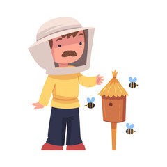 Mustached Beekeeper Keeping Honey Bee Engaged in Apiculture Vector Illustration