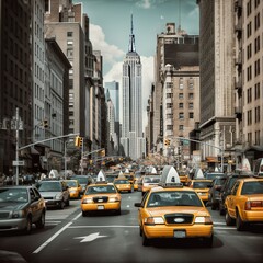 iconic cityscape photo capturing the hustle and bustle of New York City, with the towering Empire State Building and other skyscrapers in the background and yellow taxis and pedestrians filling the bu