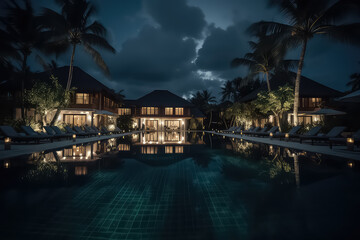 Fototapeta na wymiar Swimming pool in luxury Maldives Hotel, AI