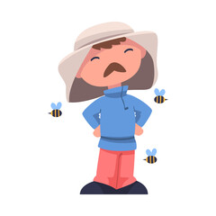 Mustached Beekeeper Standing with Hands in Hips and Bee Swarm Flying Around Engaged in Apiculture Vector Illustration