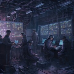 Fototapeta na wymiar artistic rendering of a group of cryptocurrency miners in a dimly lit, high-tech server room, surrounded by rows of powerful computers humming with activity. Medium: digital art