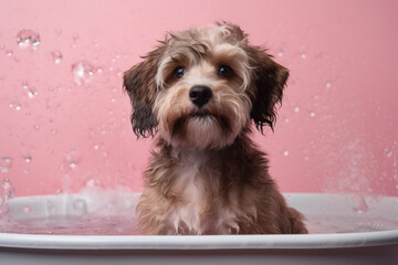 Playful Puppy bathing in Pink Studio Bathtub