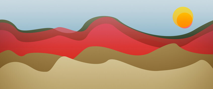 illustrazione poster con panorama astratto con dune e sole, decorazione da parete arte contemporanea