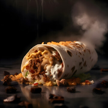 Burrito with meat and vegetables on a dark background. Toned.