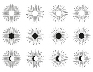 Knit bursting sun rays. Fireworks. Black line sun, moon, star. 12 illustrations set. Doodle design elements collection. Isolated vector on white background