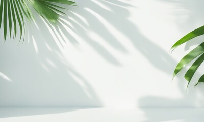 Fototapeta na wymiar Blank minimal white counter podium, soft beautiful dappled sunlight, tropical palm foliage leaf shadow on wall (Generative AI)