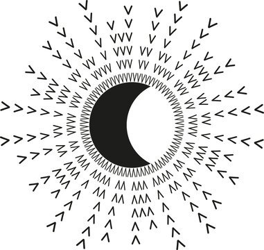 Knit bursting sun rays. Fireworks. Black line sun, moon, star  illustration Doodle design element