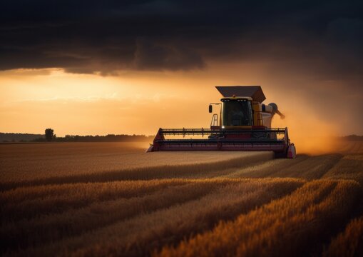 Combine harvester working on a wheat field. Concept for A Modern Approach to Agriculture. Generative AI.