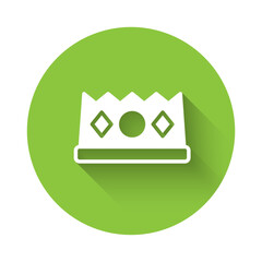 White King crown icon isolated with long shadow background. Green circle button. Vector